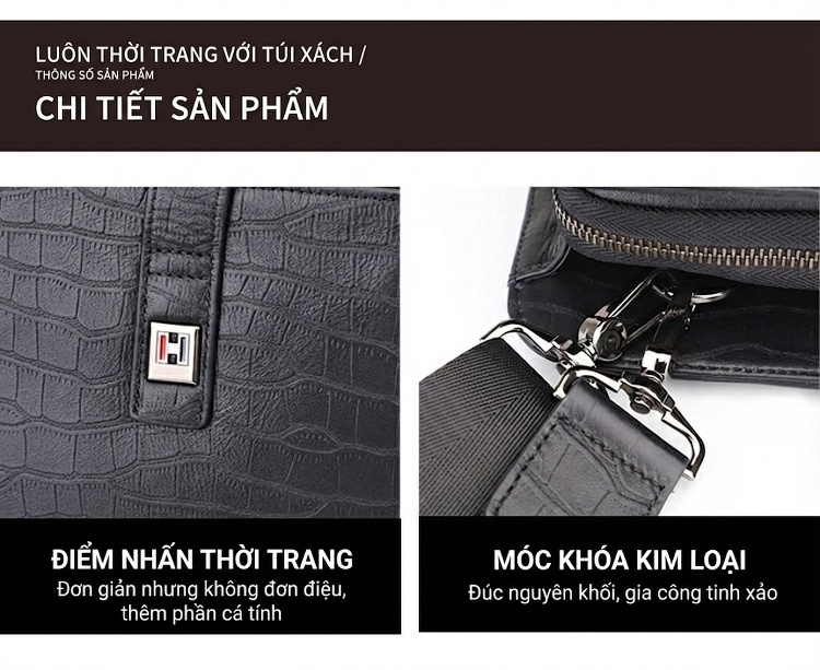 Cặp Công Sở Nam Da Bóng Vân Cá Sấu Đựng Laptop Có Dây Đeo Màu Đen chi tiết 11