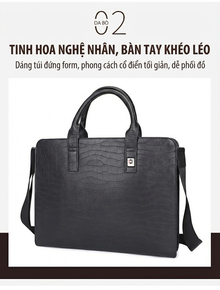 Cặp Công Sở Nam Da Bóng Vân Cá Sấu Đựng Laptop Có Dây Đeo Màu Đen chi tiết 5
