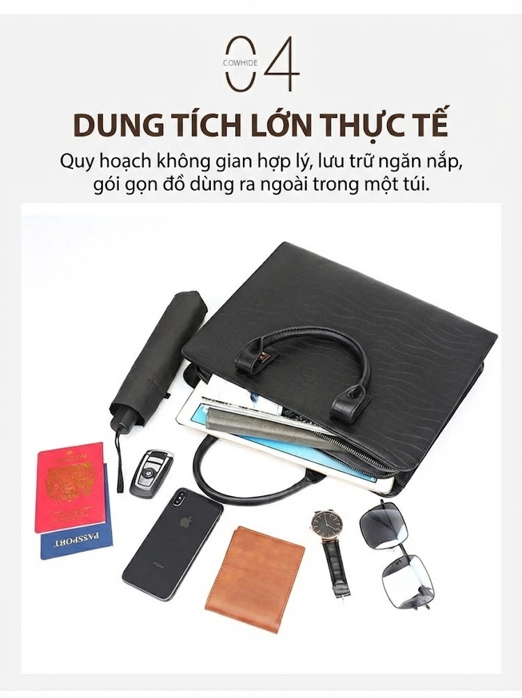 Cặp Công Sở Nam Da Bóng Vân Cá Sấu Đựng Laptop Có Dây Đeo Màu Đen chi tiết 8