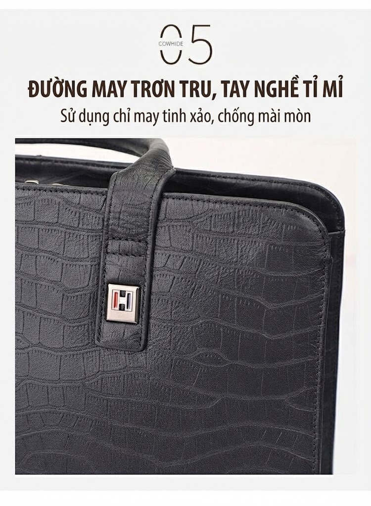 Cặp Công Sở Nam Da Bóng Vân Cá Sấu Đựng Laptop Có Dây Đeo Màu Đen chi tiết 9