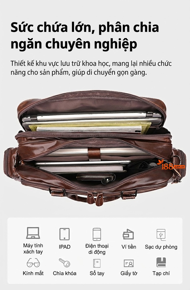 Cặp Công Sở Nam Da Nappa Cao Cấp, Nhiều Ngăn, Da Thật, Dáng Túi Xách Tay, Da Sáp Dầu Màu Đen chi tiết 20