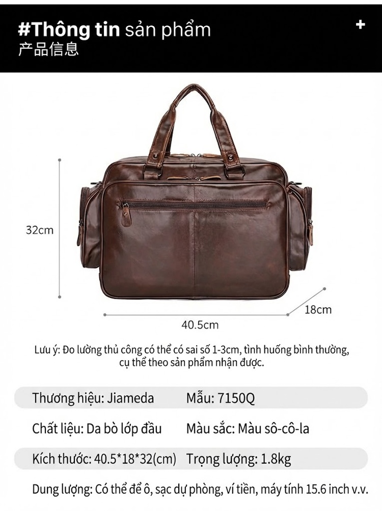 Cặp Công Sở Nam Da Nappa Cao Cấp, Nhiều Ngăn, Da Thật, Dáng Túi Xách Tay, Da Sáp Dầu Màu Đen chi tiết 17