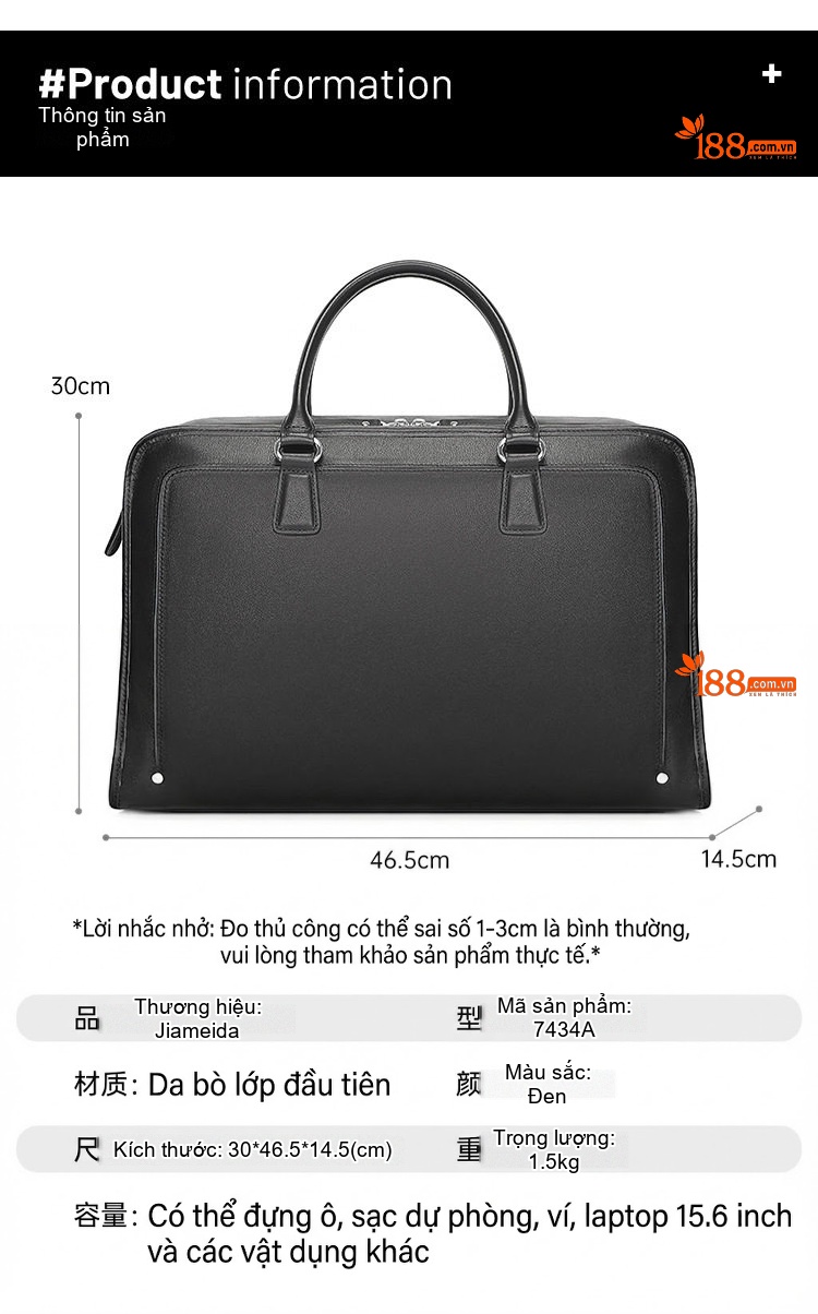 Cặp Công Sở Nam Da Thật Đựng Laptop 15.6 Inch, Túi Xách Tay Phong Cách Màu Đen chi tiết 2