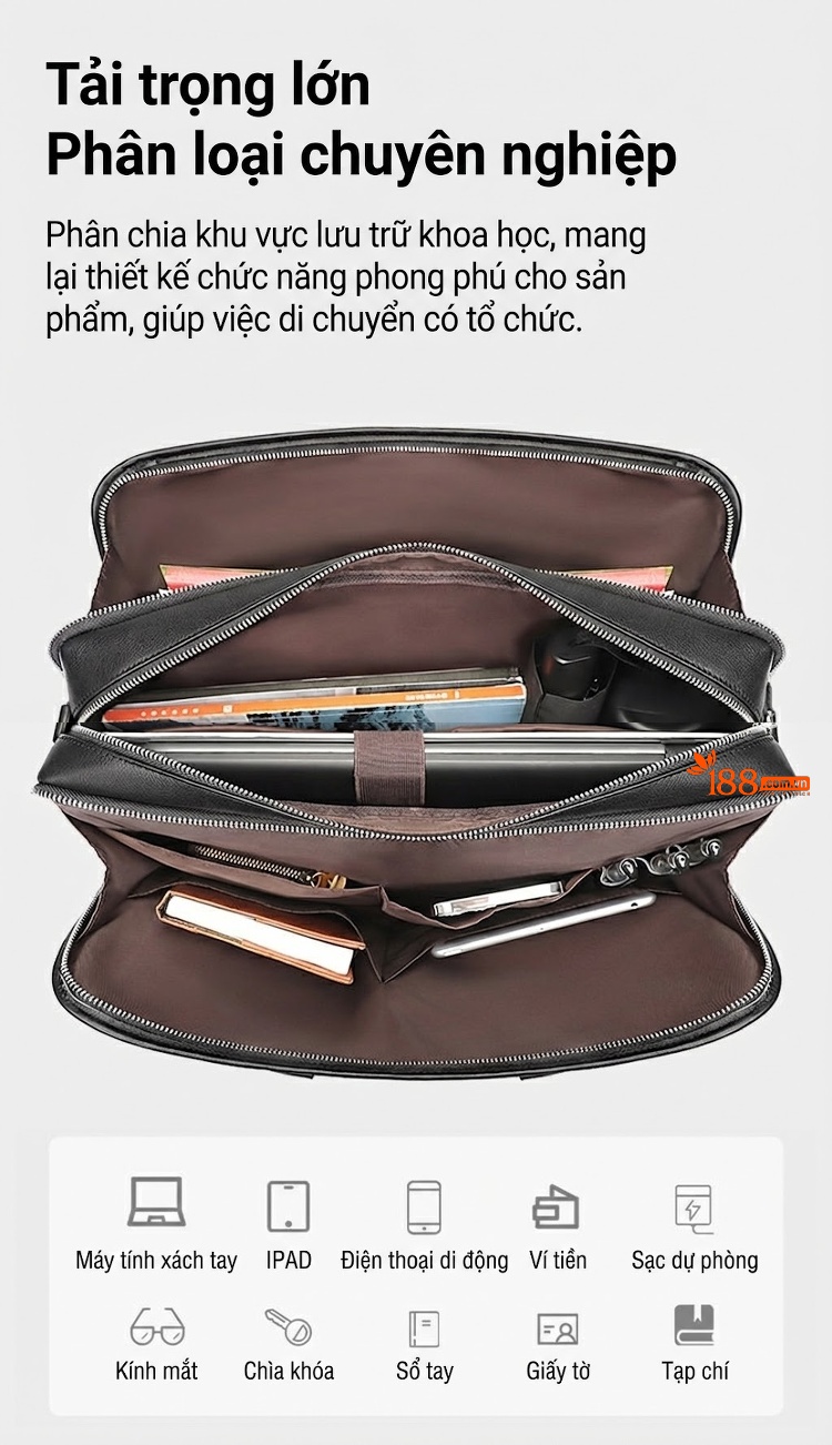 Cặp Công Sở Nam Da Thật Đựng Laptop 15.6 Inch, Túi Xách Tay Phong Cách Màu Đen chi tiết 11