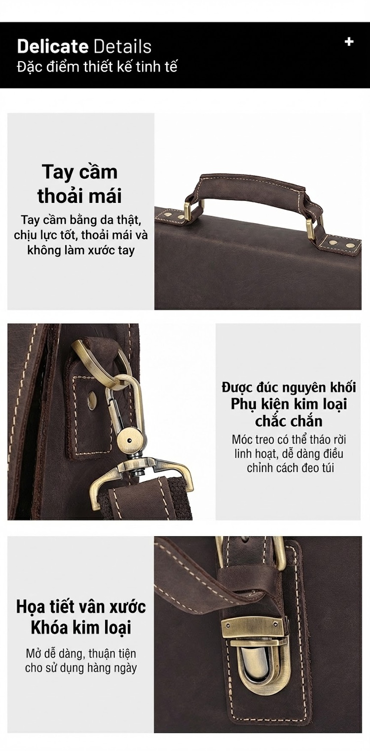 Cặp Công Sở Nam Da Thật Phong Cách Retro Đựng Laptop Đa Năng Màu Nâu chi tiết 5