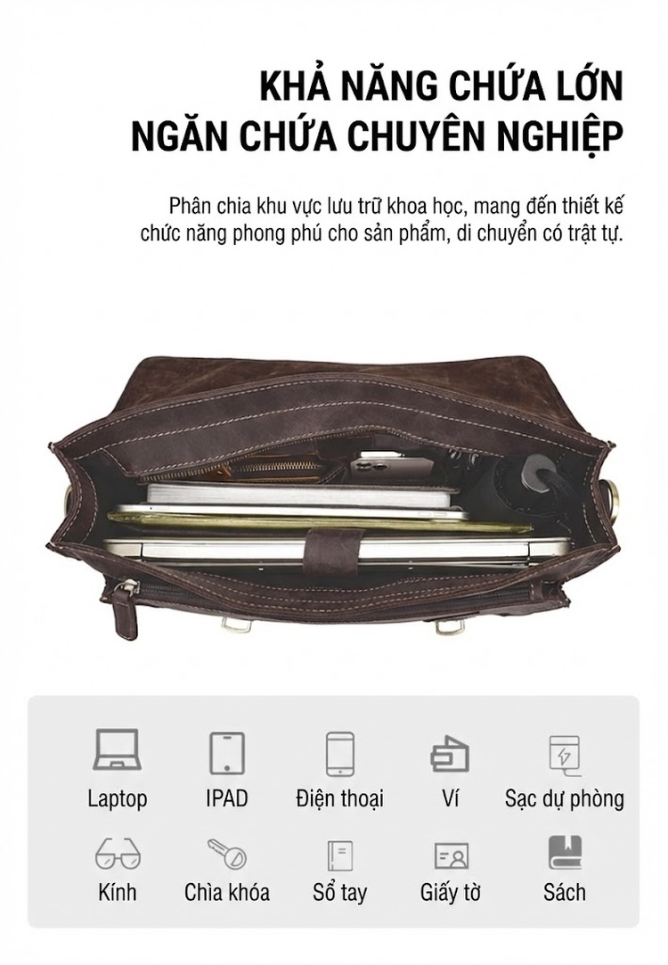 Cặp Công Sở Nam Da Thật Phong Cách Retro Đựng Laptop Đa Năng Màu Nâu chi tiết 7