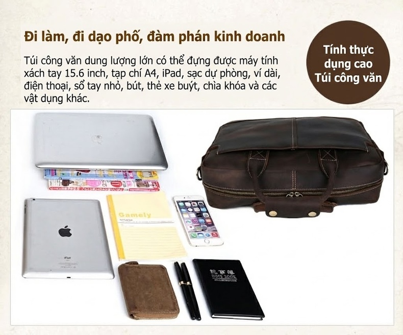 Cặp Công Sở Nam Da Thật Sức Chứa Lớn Đựng Laptop 16 Inch Màu Nâu Đậm, Nâu chi tiết 13