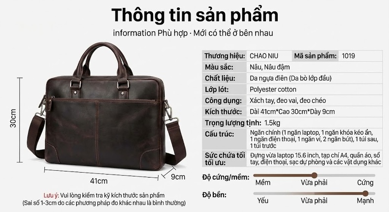 Cặp Công Sở Nam Da Thật Sức Chứa Lớn Đựng Laptop 16 Inch Màu Nâu Đậm, Nâu chi tiết 7