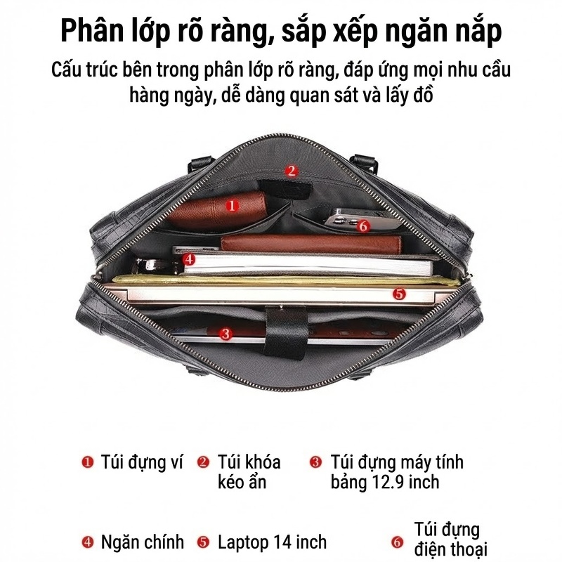 Cặp Công Sở Nam Da Thật Vân Cá Sấu Cỡ Lớn Màu Đen