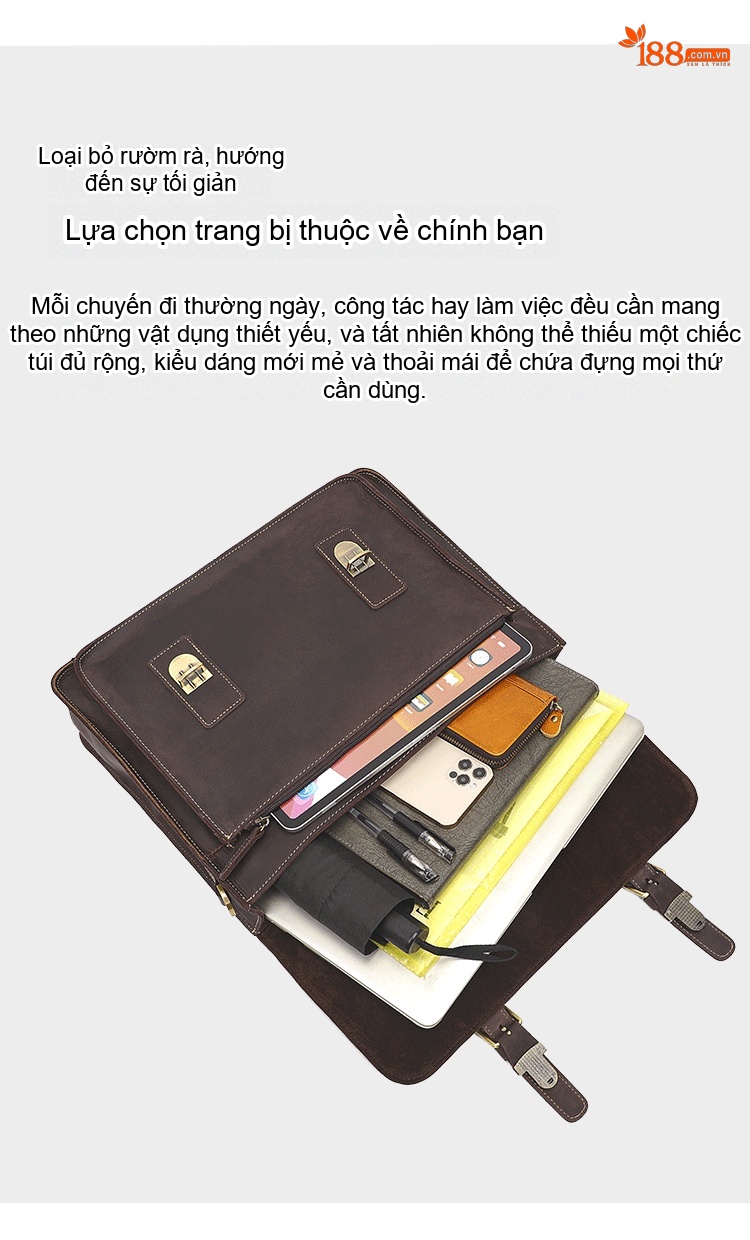 Cặp Công Sở Nam Da Thật Vintage Nhiều Ngăn Màu Nâu chi tiết 6