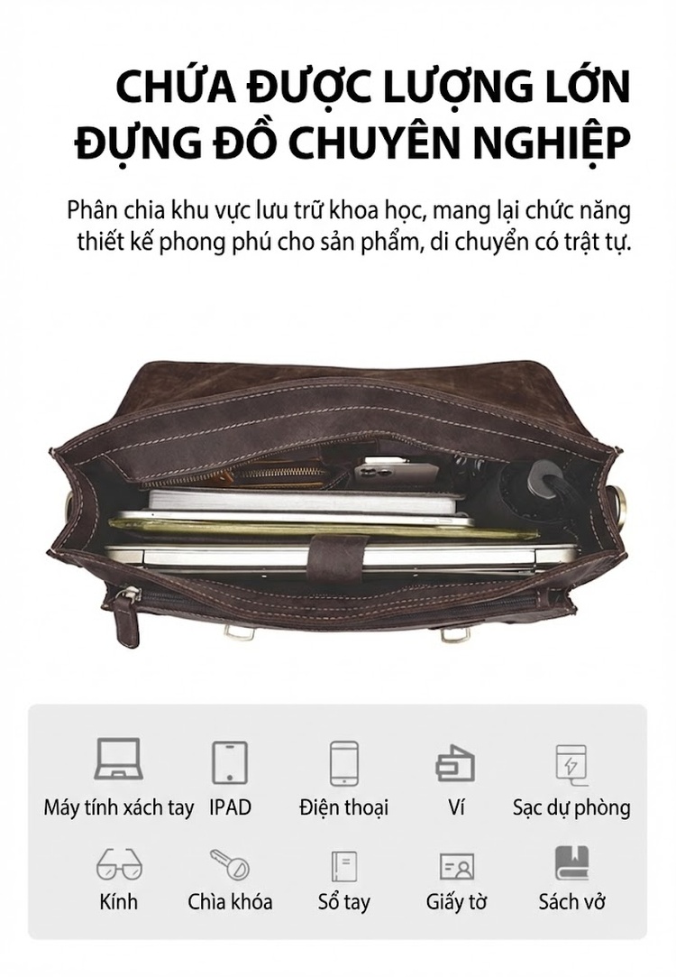 Cặp Công Sở Nam Da Thật Vintage Nhiều Ngăn Màu Nâu chi tiết 7