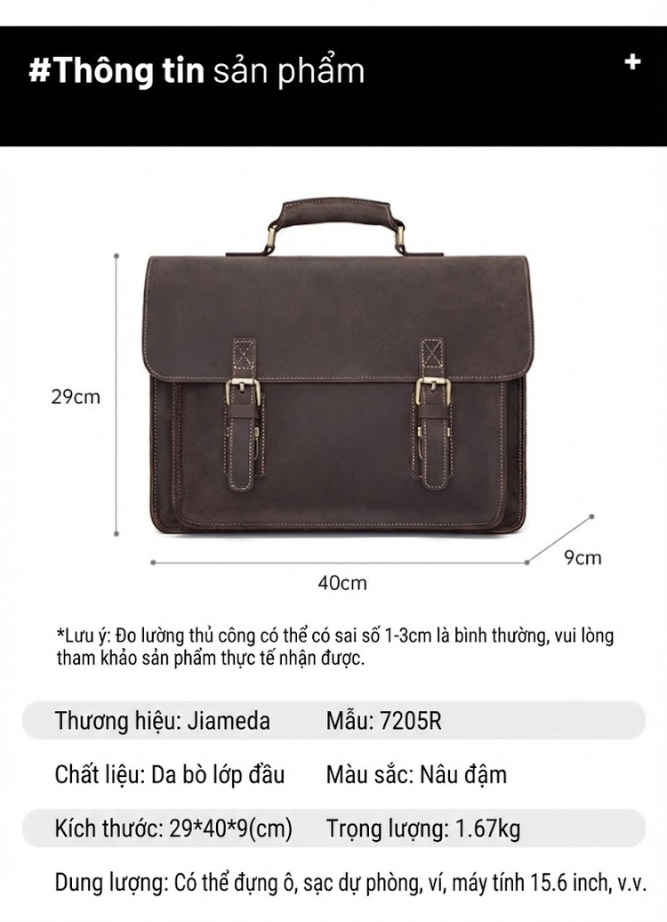 Cặp Công Sở Nam Da Thật Vintage Nhiều Ngăn Màu Nâu chi tiết 9
