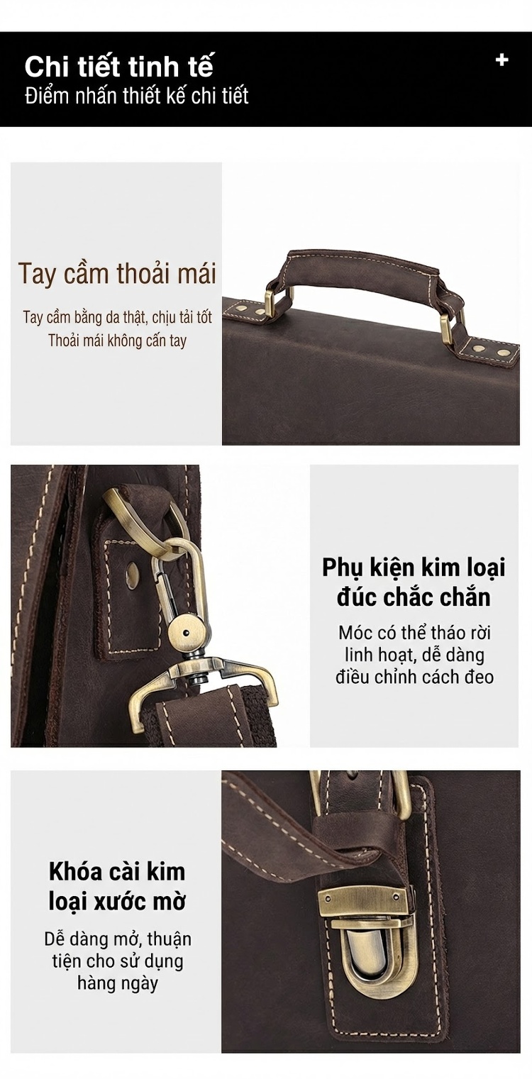 Cặp Công Sở Nam Da Thật Vintage Nhiều Ngăn Màu Nâu chi tiết 5