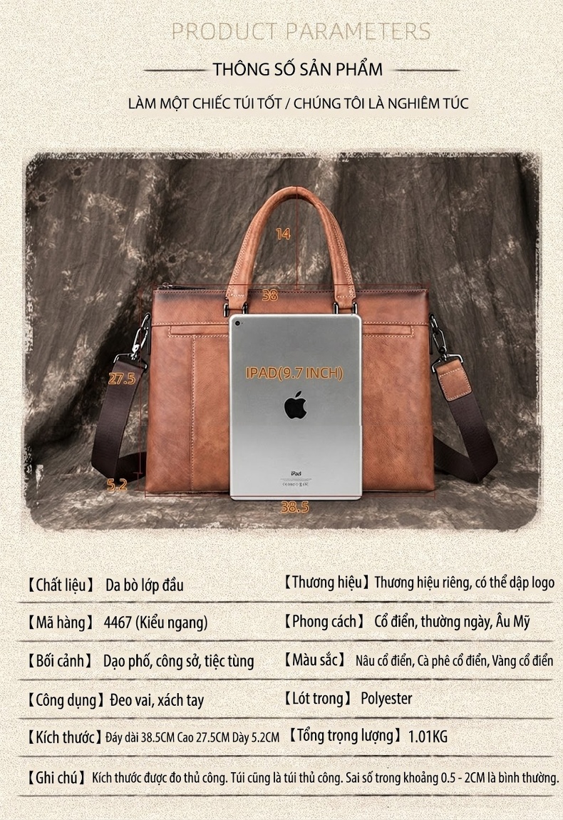Cặp Da Bò Nam Vintage Túi Đeo Chéo Nam Túi Đựng Tài Liệu Công Sở Màu Nâu, Xám chi tiết 4