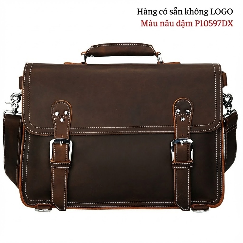 Cặp Da Bò Sáp Vintage Đựng Laptop 15.6 inch, Túi Xách Tay, Túi Đeo Vai Nam Màu Nâu