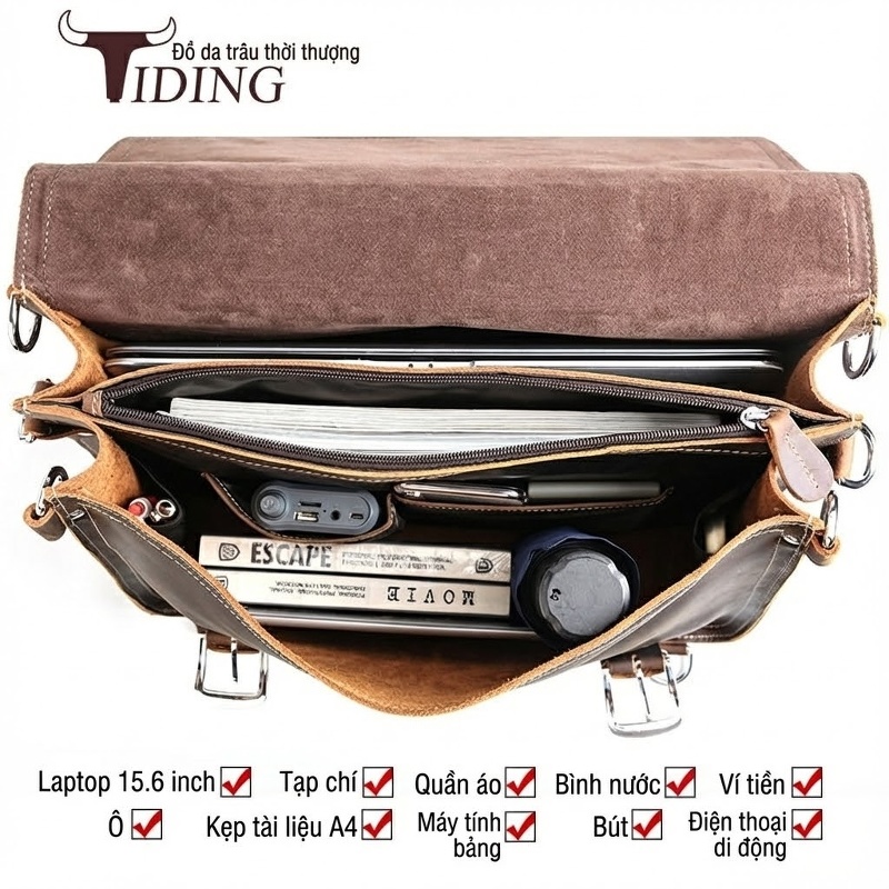 Cặp Da Bò Sáp Vintage Đựng Laptop 15.6 inch, Túi Xách Tay, Túi Đeo Vai Nam Màu Nâu