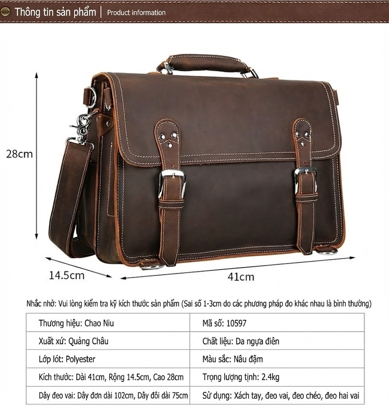 Cặp Da Bò Sáp Vintage Đựng Laptop 15.6 inch, Túi Xách Tay, Túi Đeo Vai Nam Màu Nâu chi tiết 3