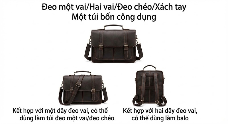 Cặp Da Thật Đựng Laptop 15.6 inch, Túi Xách Tay, Túi Đeo Vai Nam Da Bò Sáp Màu Nâu