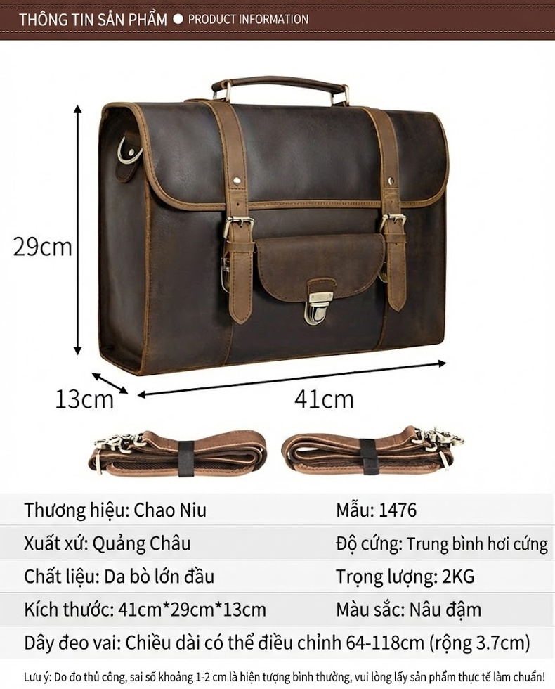 Cặp Da Thật Đựng Laptop 15.6 inch, Túi Xách Tay, Túi Đeo Vai Nam Da Bò Sáp Màu Nâu chi tiết 3
