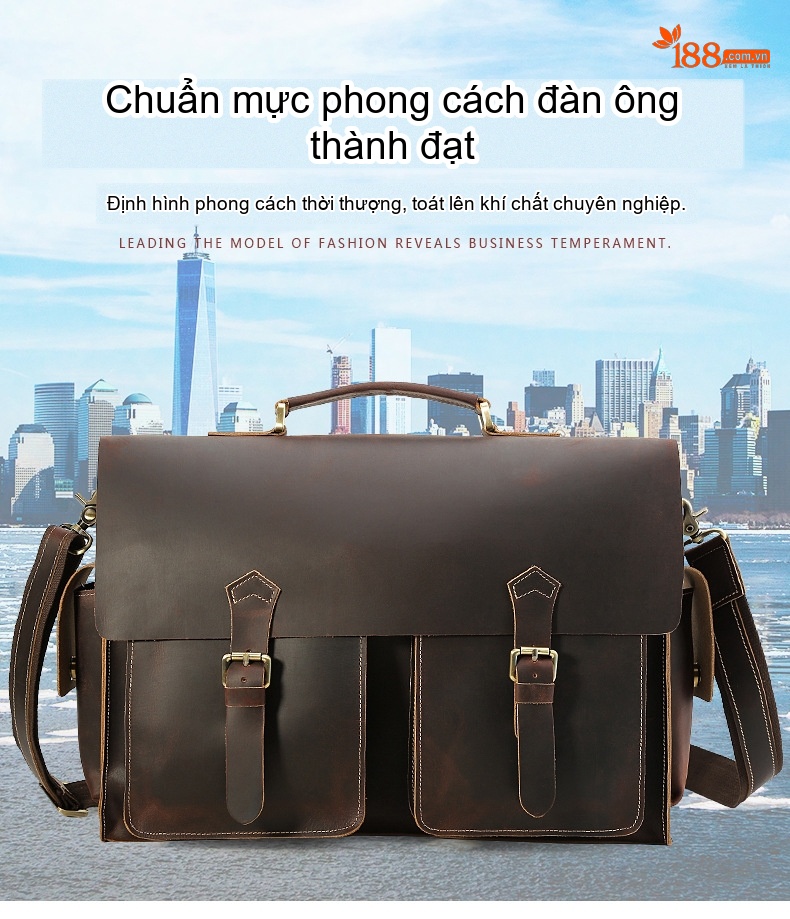 Cặp Túi Công Sở Nam Da Bò 17 inch Đựng Laptop Cỡ Lớn Màu Nâu chi tiết 4