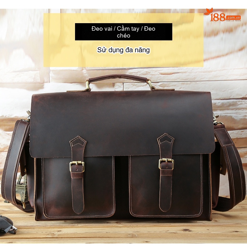 Cặp Túi Công Sở Nam Da Bò 17 inch Đựng Laptop Cỡ Lớn Màu Nâu chi tiết 6