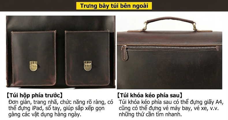 Cặp Túi Công Sở Nam Da Bò 17 inch Đựng Laptop Cỡ Lớn Màu Nâu chi tiết 11