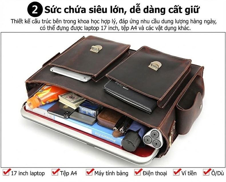 Cặp Túi Công Sở Nam Da Bò 17 inch Đựng Laptop Cỡ Lớn Màu Nâu chi tiết 17