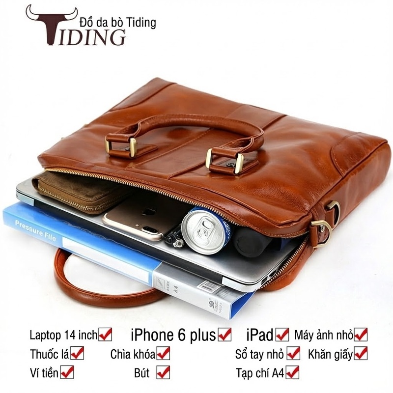 Cặp Túi Công Sở Nam Da Bò Đựng Laptop Thời Trang Đeo Chéo Màu Đen, Nâu