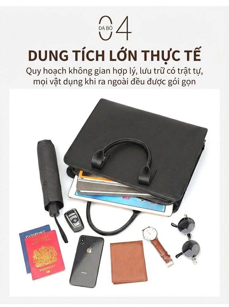 Cặp Túi Đeo Chéo Nam Da Thật Đựng Tài Liệu Công Sở Màu Đen chi tiết 8
