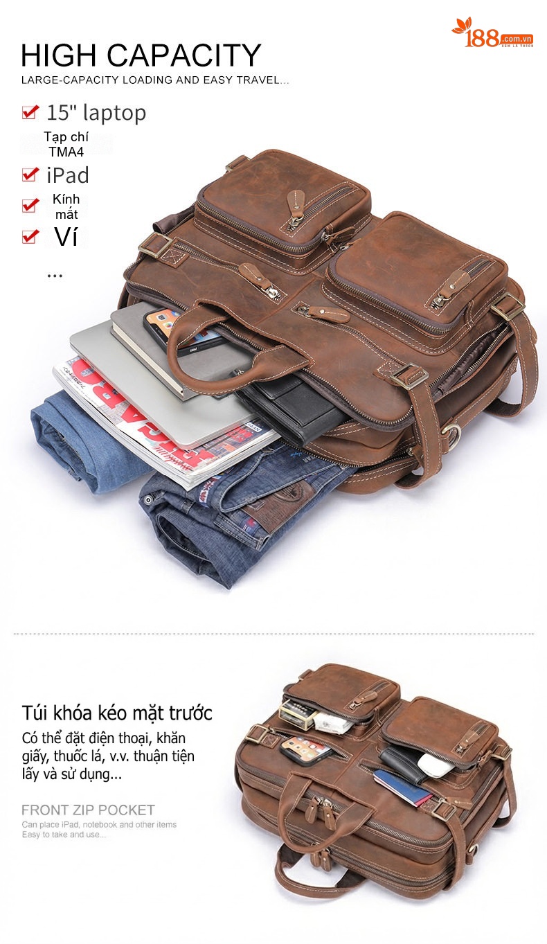 Cặp Túi Đeo Vai/Đeo Chéo/Xách Tay/Balo Nam Da Bò Đa Năng Phong Cách Âu Mỹ Retro chi tiết 11