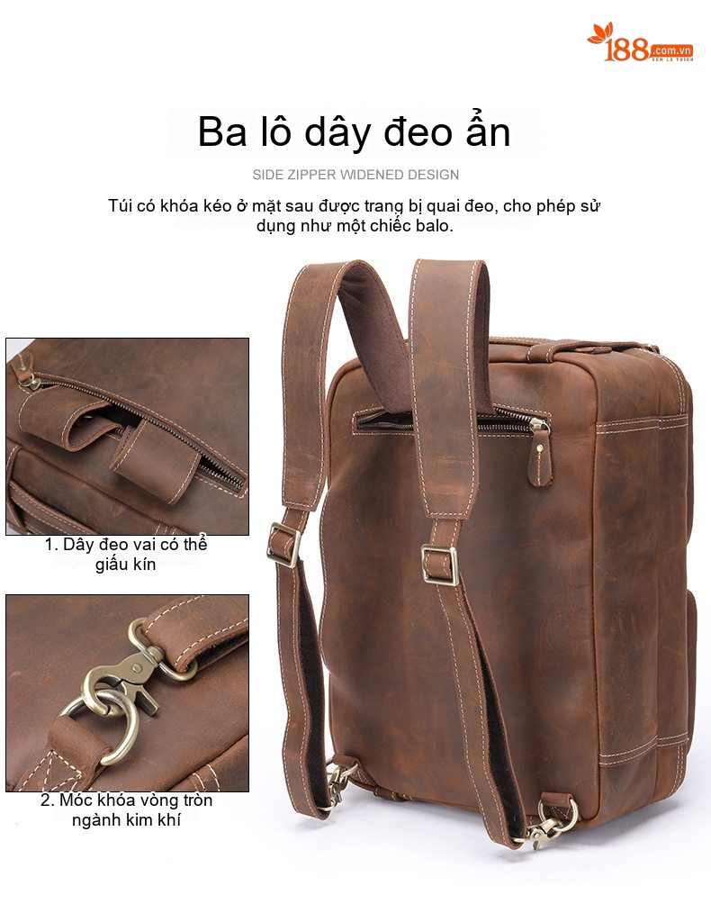 Cặp Túi Đeo Vai/Đeo Chéo/Xách Tay/Balo Nam Da Bò Đa Năng Phong Cách Âu Mỹ Retro chi tiết 9