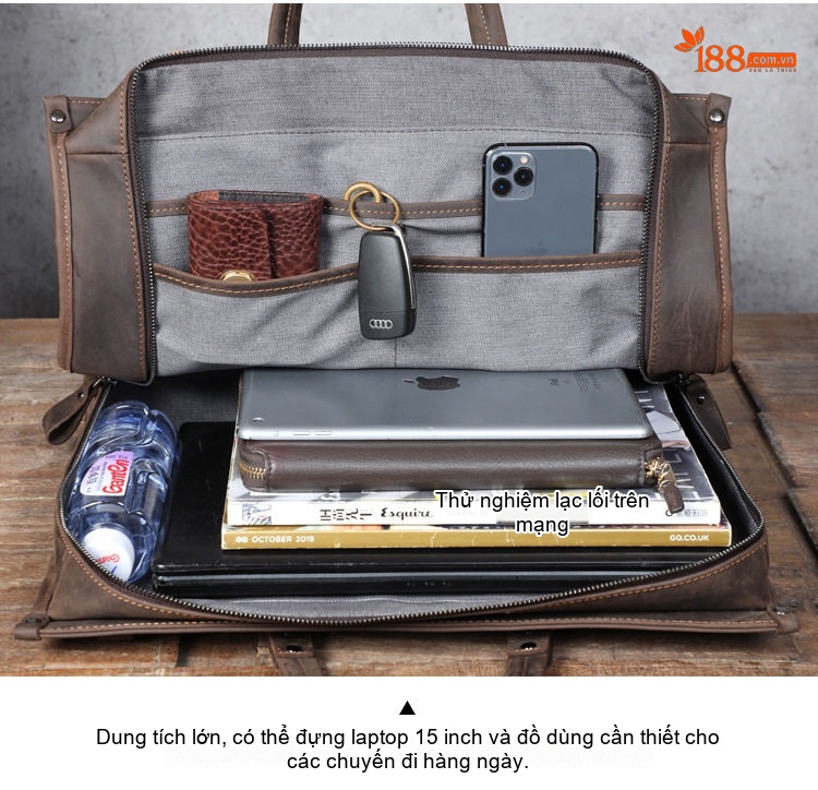 Cặp Túi Đựng Laptop Nam Da Bò Sức Chứa Lớn Công Sở Đeo Vai Chéo Màu Nâu chi tiết 11