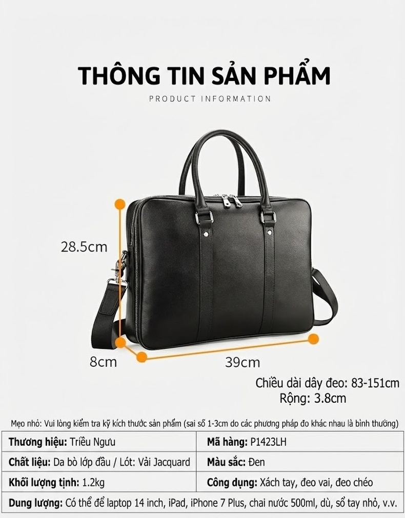 Cặp da nam đựng laptop 14 inch đeo chéo xách tay da bò cao cấp chi tiết 7