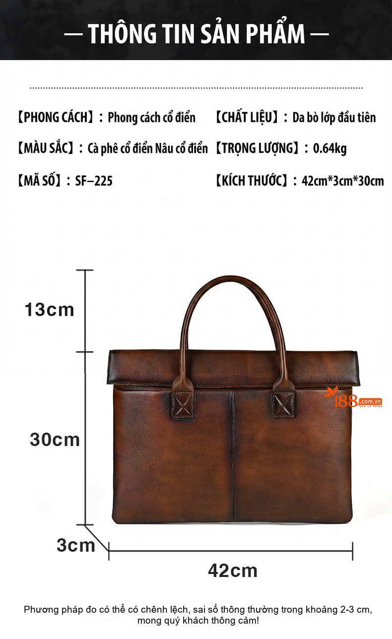 Cặp Túi Xách Công Sở Nam Da Bò Mỏng Nhẹ 15.6 Inch Màu Nâu, Đen chi tiết 3