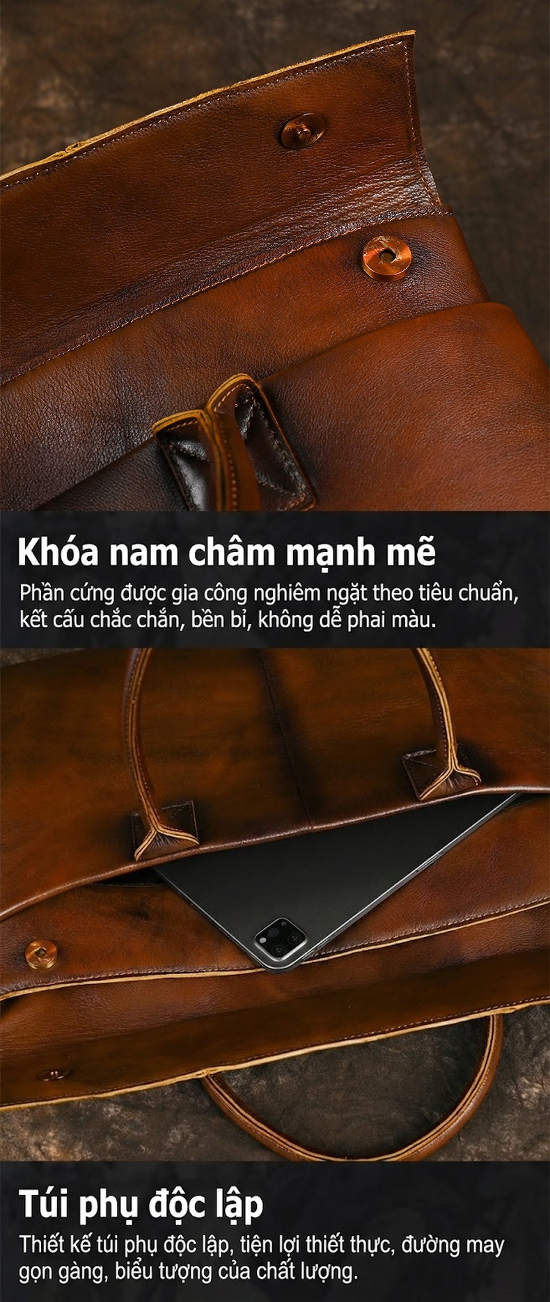 Cặp Túi Xách Công Sở Nam Da Bò Mỏng Nhẹ 15.6 Inch Màu Nâu, Đen chi tiết 11