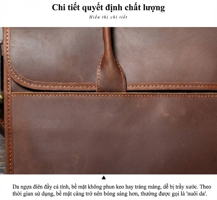 Cặp Túi Xách Công Sở Nam Da Bò Vintage Đựng Laptop Đeo Vai Chéo Màu Nâu Đậm, Nâu Nhạt chi tiết 4