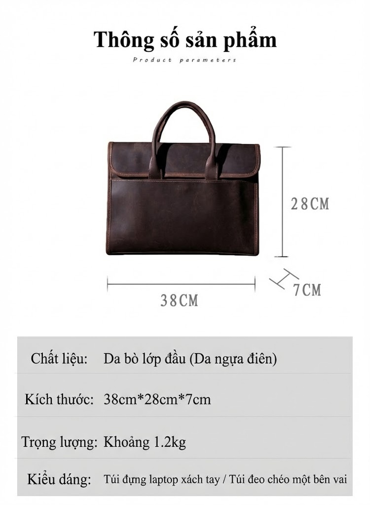Cặp Túi Xách Công Sở Nam Da Bò Vintage Đựng Laptop Đeo Vai Chéo Màu Nâu Đậm, Nâu Nhạt chi tiết 1