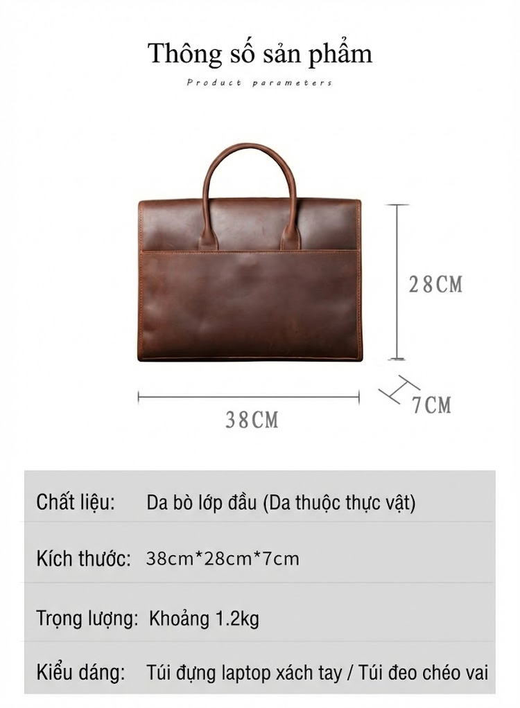 Cặp Túi Xách Công Sở Nam Da Bò Vintage Đựng Laptop Đeo Vai Chéo Màu Nâu Đậm, Nâu Nhạt chi tiết 2