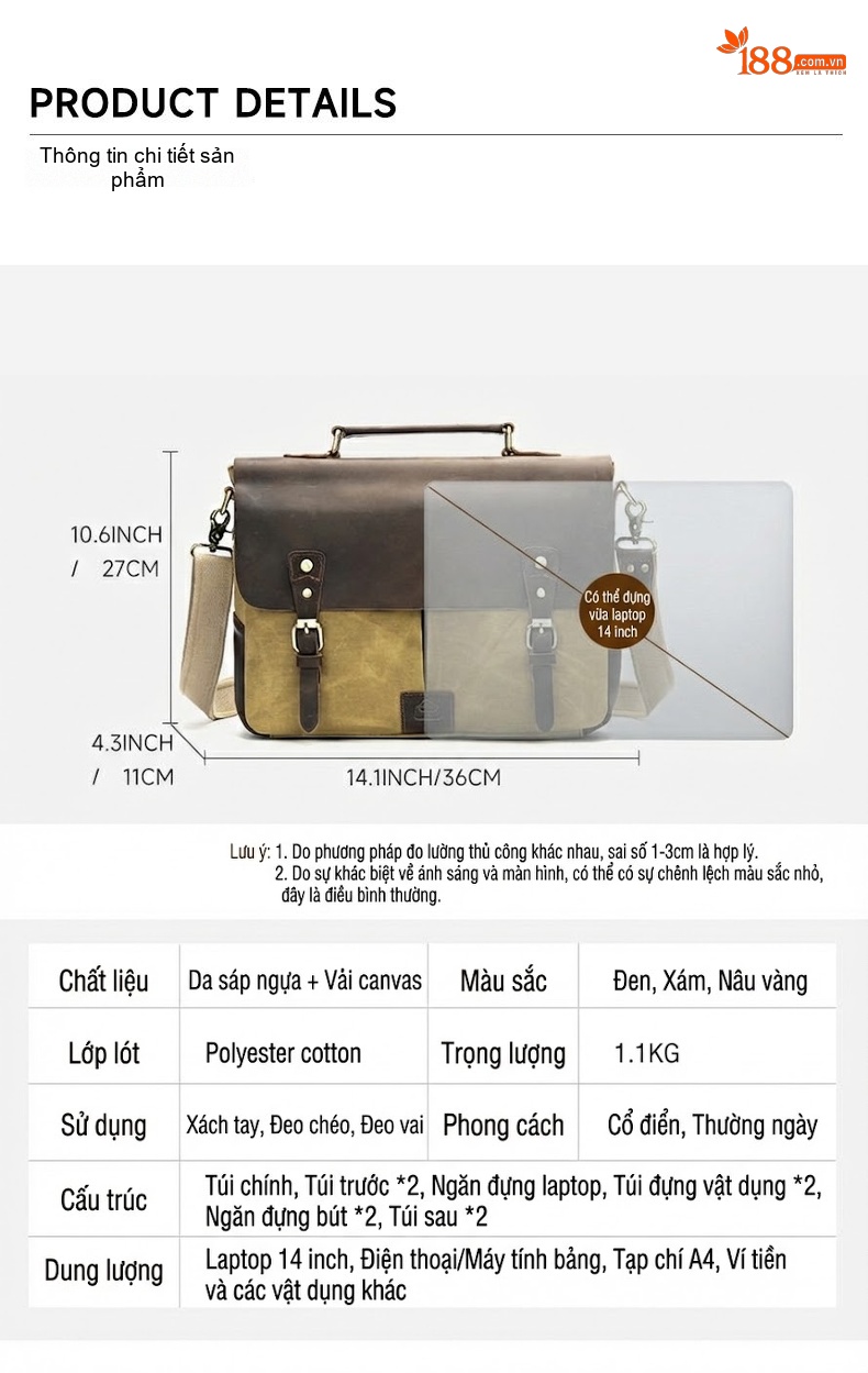 Cặp Túi Xách Công Sở Nam Da Thật Crazy Horse Đựng Laptop 14 Inch Màu Nâu, Xám, Đen chi tiết 4