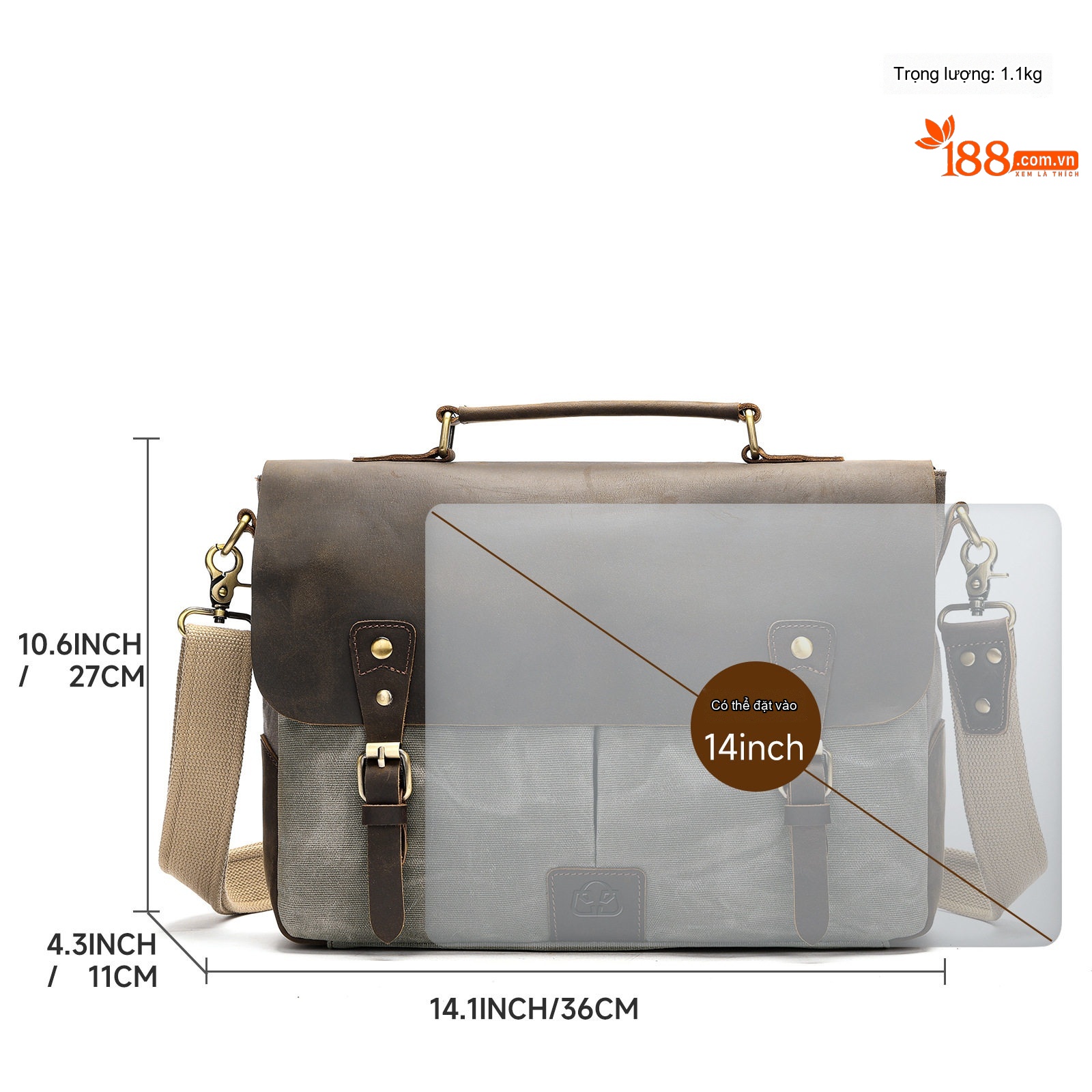 Cặp Túi Xách Công Sở Nam Da Thật Crazy Horse Đựng Laptop 14 Inch Màu Nâu, Xám, Đen