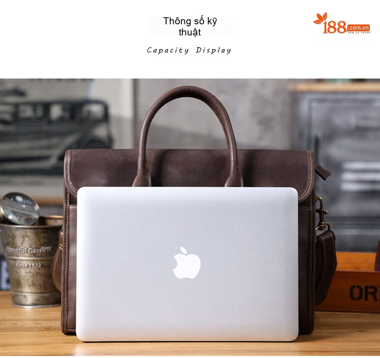 Cặp Túi Xách Tay Nam Da Bò Sáp Ngựa Điên Đựng Laptop Phong Cách Cổ Điển Màu Nâu chi tiết 8