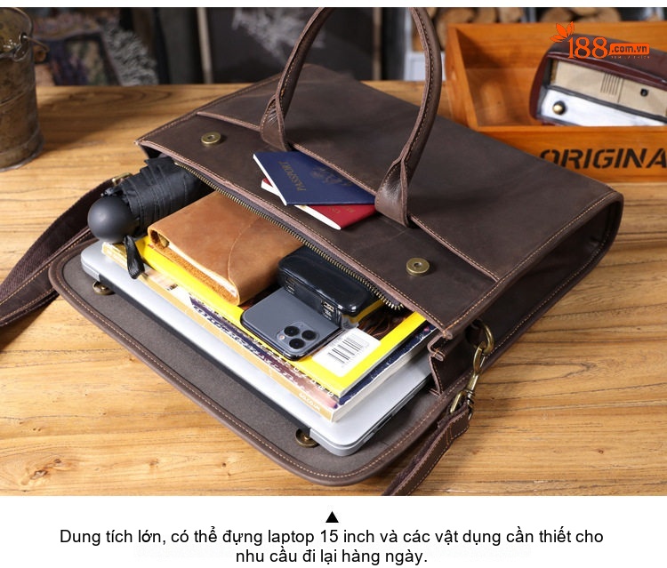 Cặp Túi Xách Tay Nam Da Bò Sáp Ngựa Điên Đựng Laptop Phong Cách Cổ Điển Màu Nâu chi tiết 10