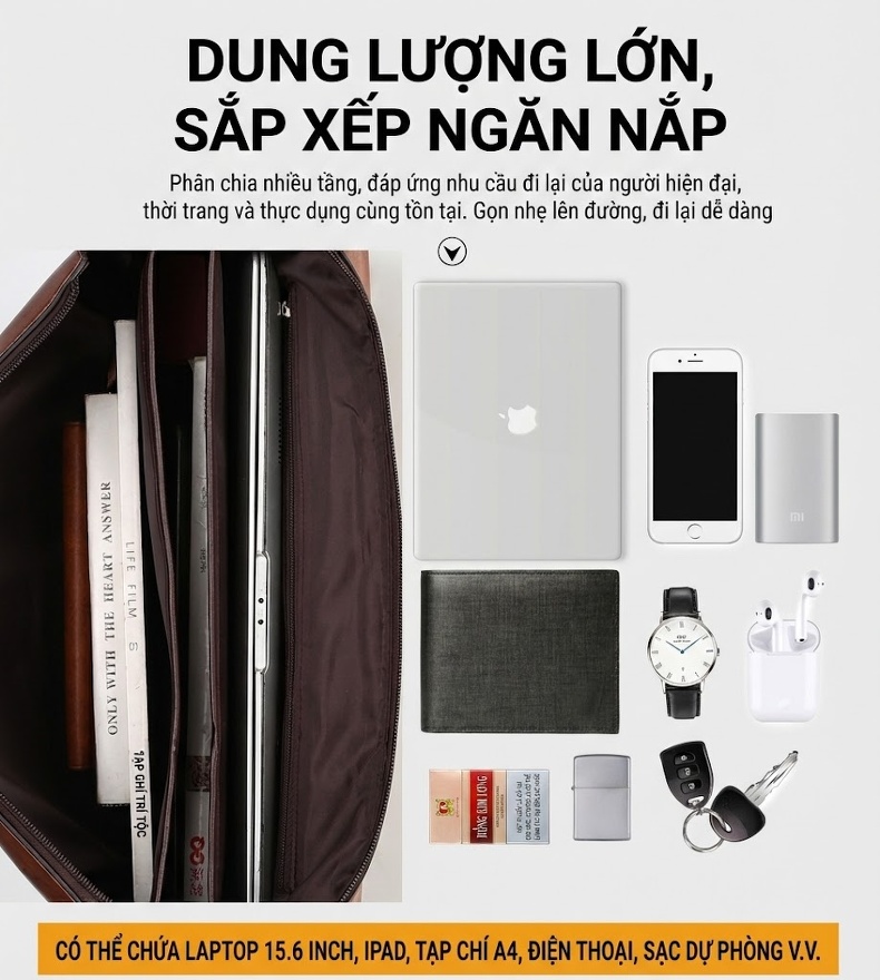 Cặp Túi Xách Tay Nam Da Bóng Công Sở Đựng Laptop Khóa Số Màu Nâu chi tiết 7