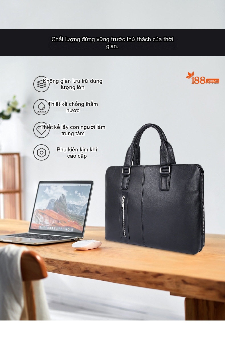 Cặp Túi Xách Tay Nam Da Thật Đựng Laptop 14 Inch Công Sở Cao Cấp Màu Đen chi tiết 4