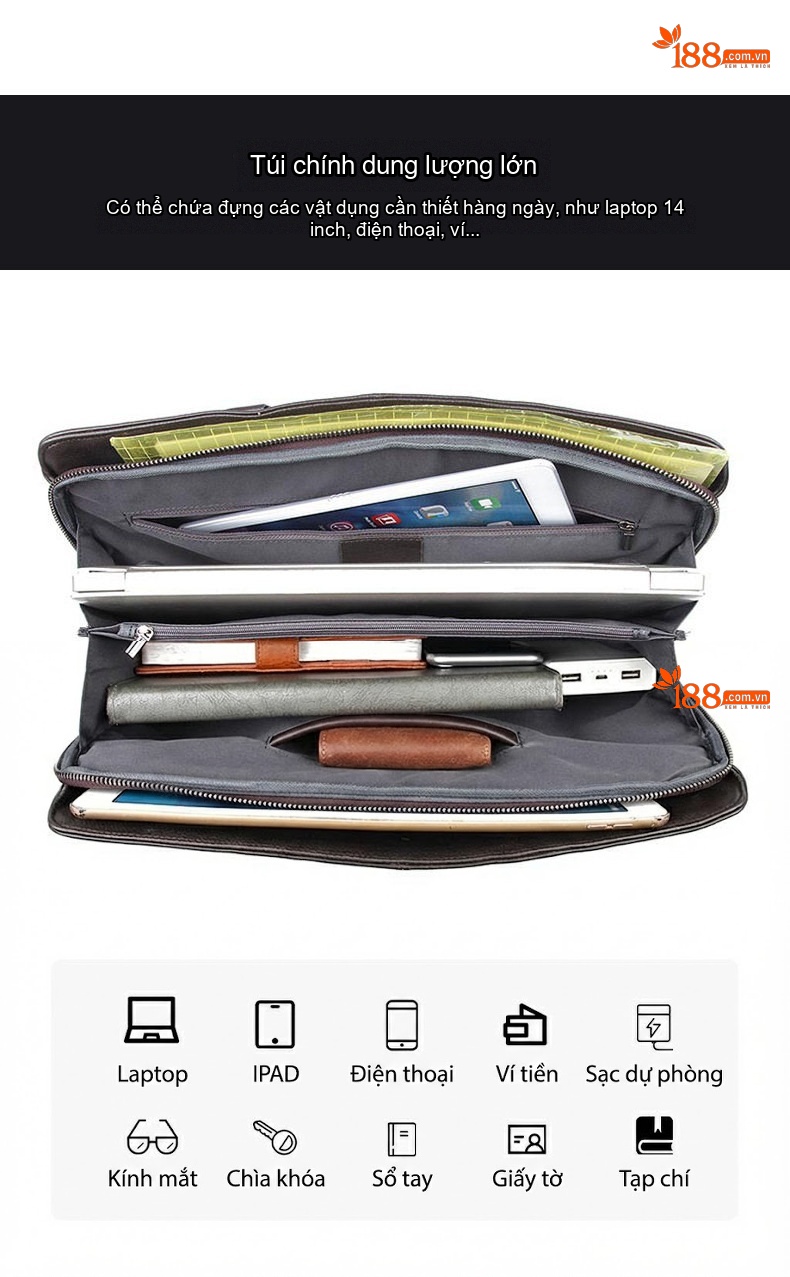Cặp Túi Xách Tay Nam Da Thật Đựng Laptop 14 Inch Công Sở Cao Cấp Màu Đen chi tiết 5
