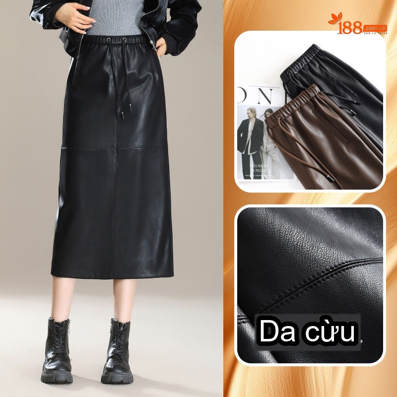 Chân Váy Bút Chì Nữ Da Cừu Dáng Dài Thời Trang Màu Đen, Nâu