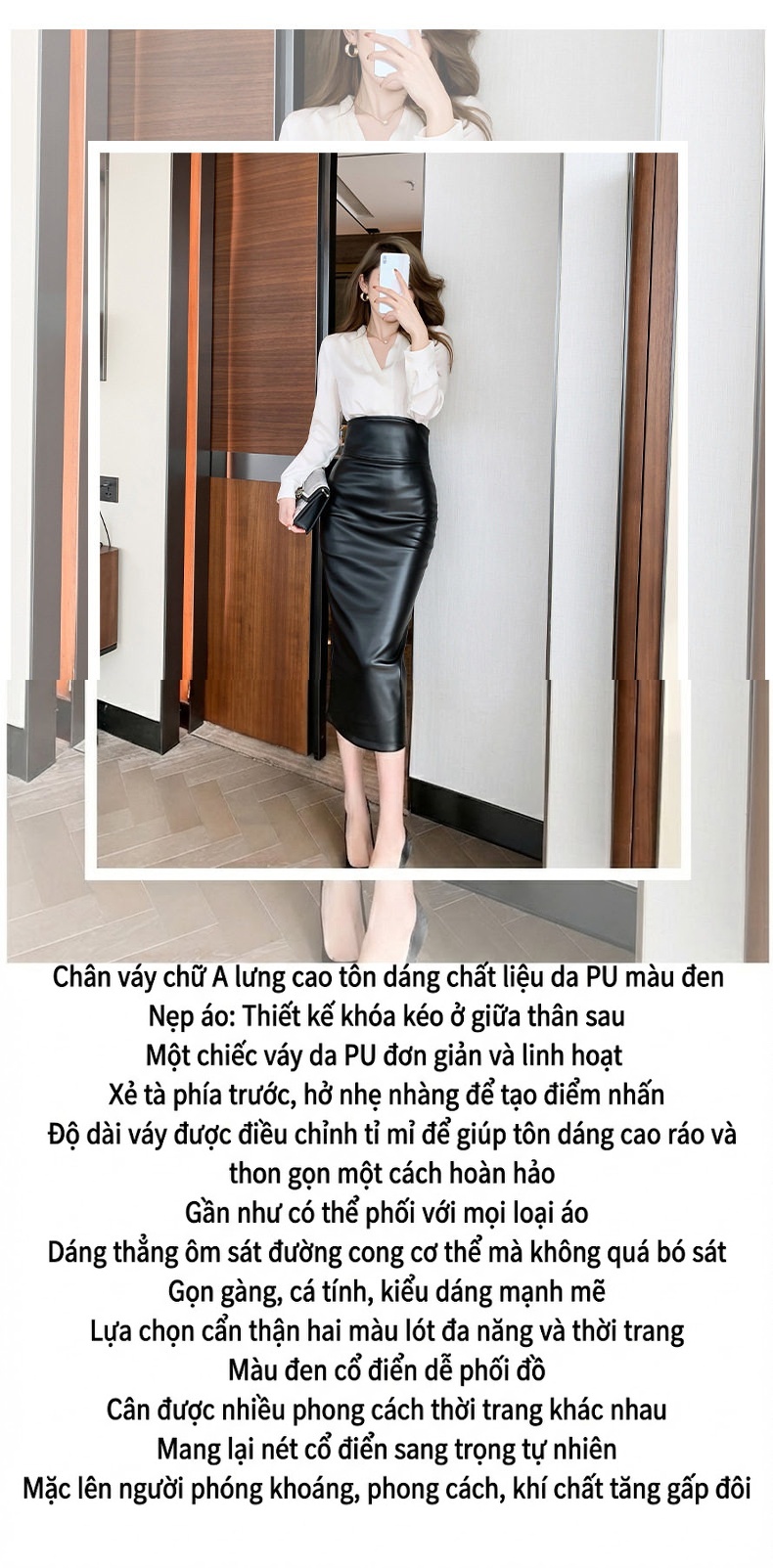 Chân Váy Bút Chì Nữ Da PU Dáng Dài Qua Gối Ôm Eo Màu Đen chi tiết 1