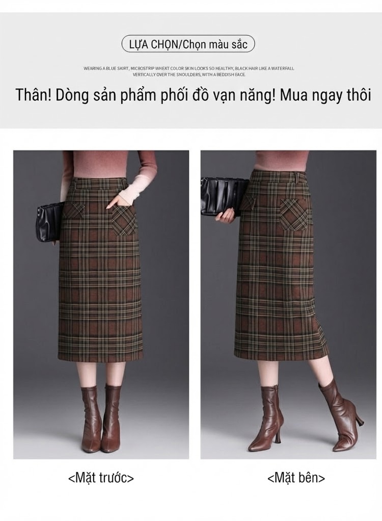 Chân Váy Bút Chì Nữ Lưng Cao Họa Tiết Kẻ Caro Phong Cách Công Sở chi tiết 9