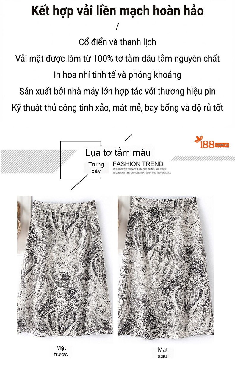 Chân Váy Chữ A Lụa Tằm Ý Dáng Ôm Họa Tiết Phong Cách Pháp Màu Trắng, Đen chi tiết 3
