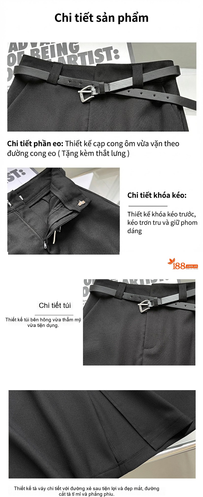 Chân Váy Chữ A Lưng Cao Dáng Suông Phong Cách Hàn Quốc Màu Đen, Trắng, Hồng chi tiết 4